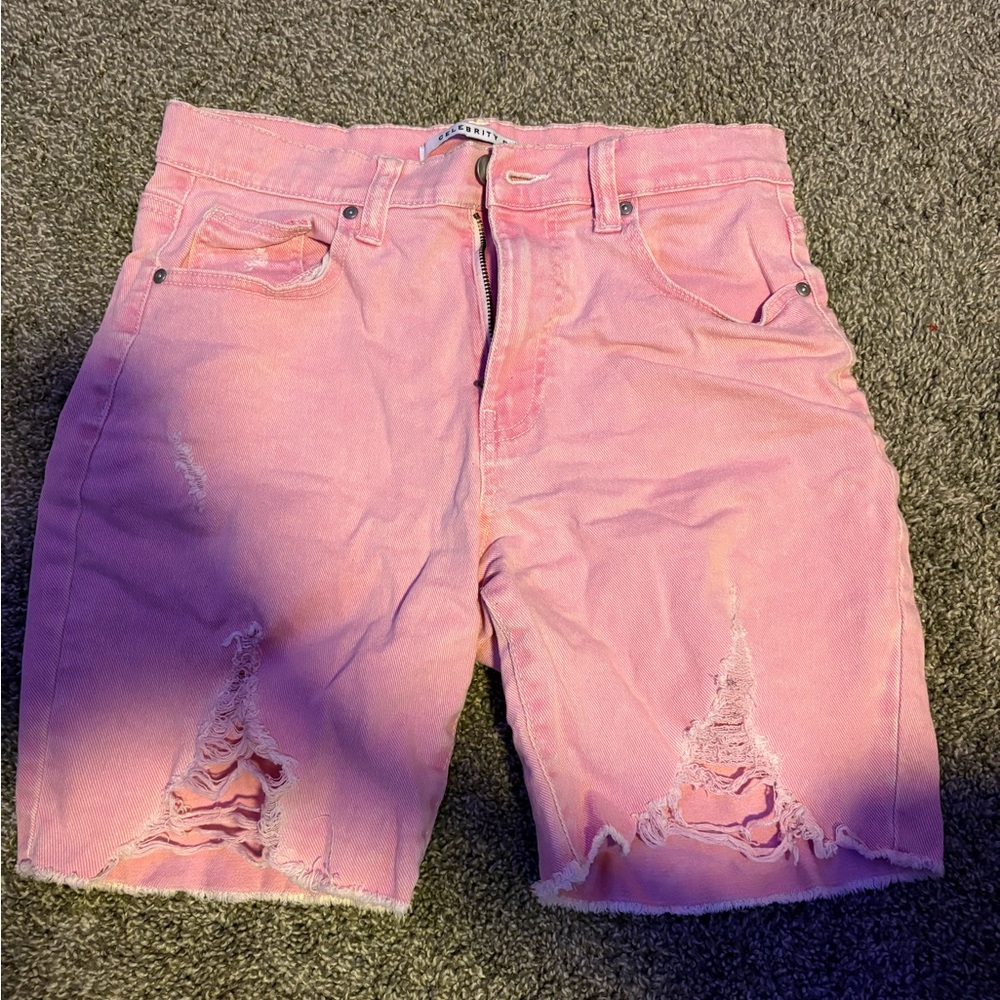 Pink Distressed Denim Shorts
